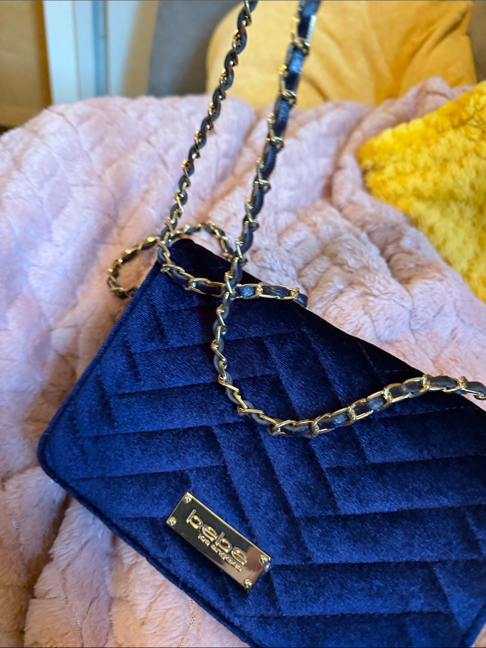 bebe Quilted Velvet Crossbody Bag - Deep Blue with Gold Hardware - Picture 2 of 9